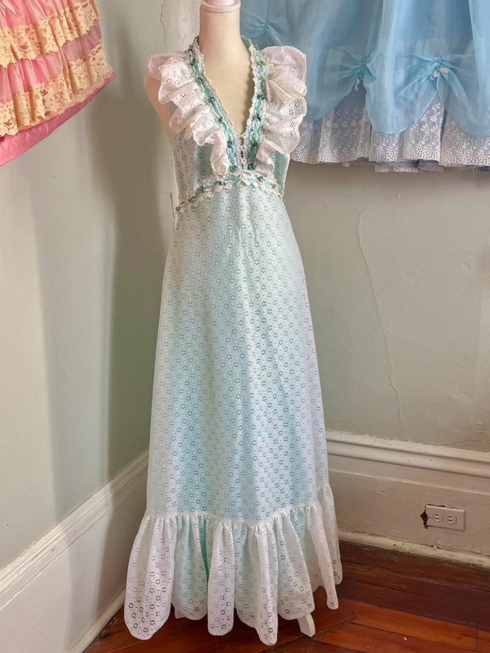 Vintage Mint Eyelet Maxi Dress with Ruffle V-Neck